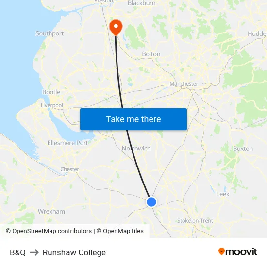 B&Q to Runshaw College map