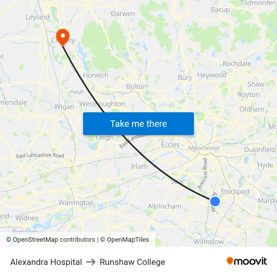 Alexandra Hospital to Runshaw College map