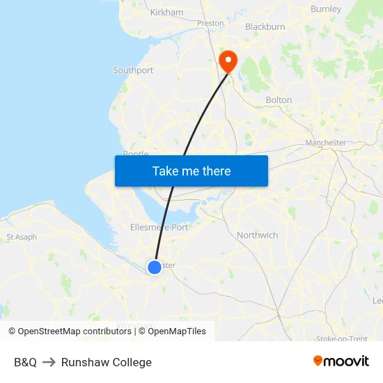 B&Q to Runshaw College map