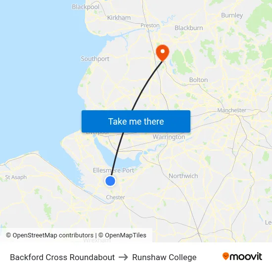 Backford Cross Roundabout to Runshaw College map