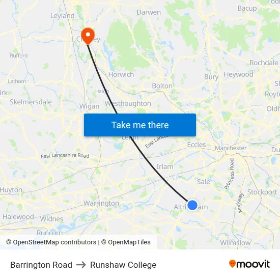 Barrington Road to Runshaw College map