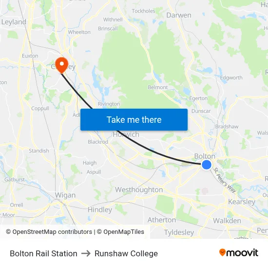 Bolton Rail Station to Runshaw College map