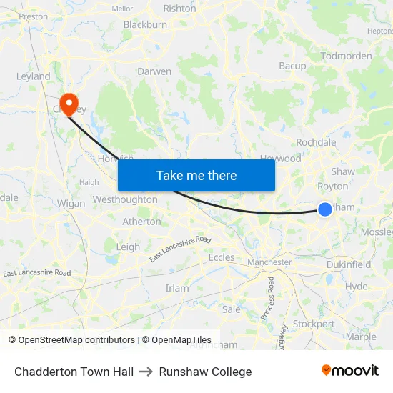 Chadderton Town Hall to Runshaw College map