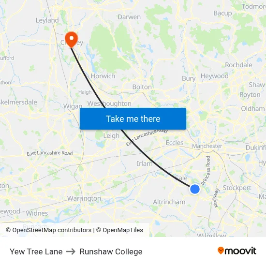 Yew Tree Lane to Runshaw College map