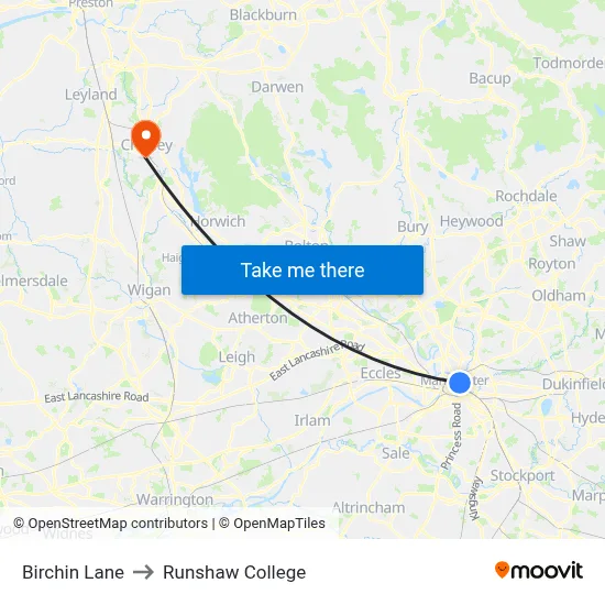 Birchin Lane to Runshaw College map