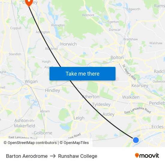 Barton Aerodrome to Runshaw College map