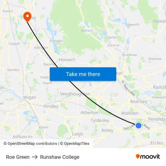 Roe Green to Runshaw College map