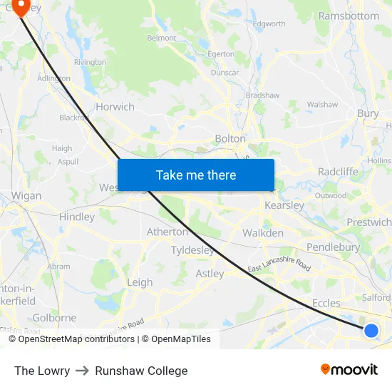 The Lowry to Runshaw College map