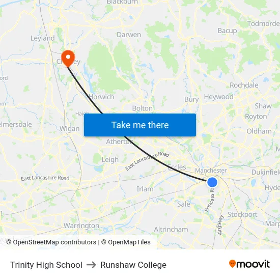 Trinity High School to Runshaw College map