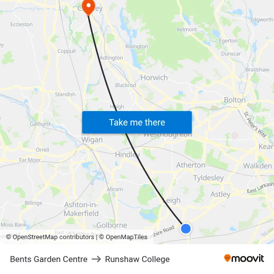 Bents Garden Centre to Runshaw College map