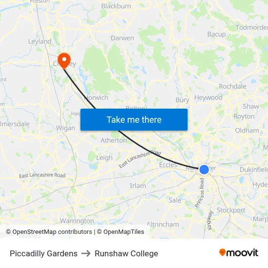 Piccadilly Gardens to Runshaw College map