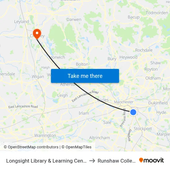 Longsight Library & Learning Centre to Runshaw College map