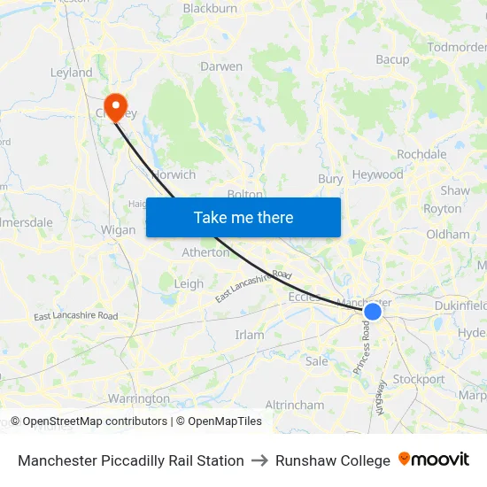 Manchester Piccadilly Rail Station to Runshaw College map