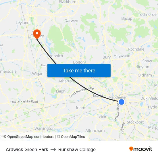 Ardwick Green Park to Runshaw College map