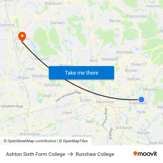 Ashton Sixth Form College to Runshaw College map
