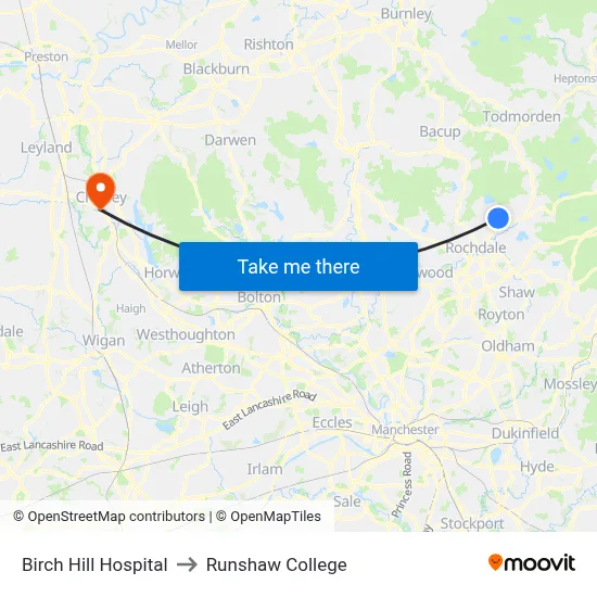 Birch Hill Hospital to Runshaw College map