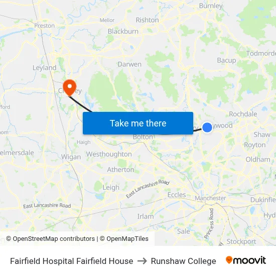 Fairfield Hospital Fairfield House to Runshaw College map