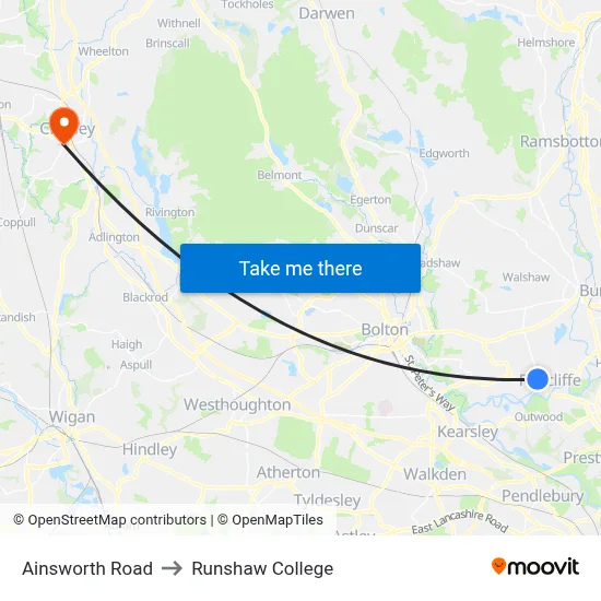 Ainsworth Road to Runshaw College map