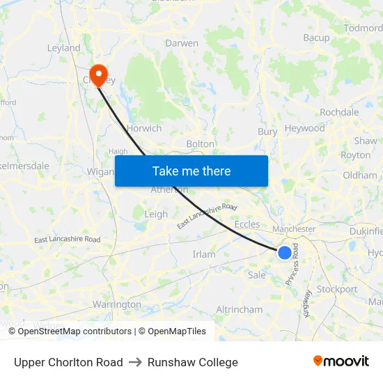 Upper Chorlton Road to Runshaw College map