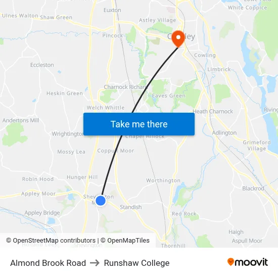 Almond Brook Road to Runshaw College map