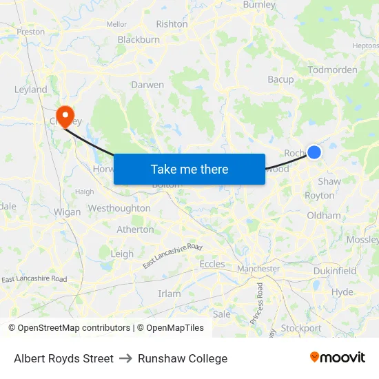 Albert Royds Street to Runshaw College map