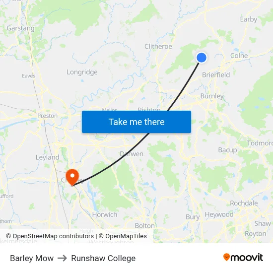 Barley Mow to Runshaw College map