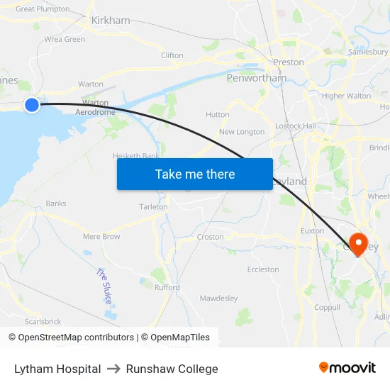 Lytham Hospital to Runshaw College map