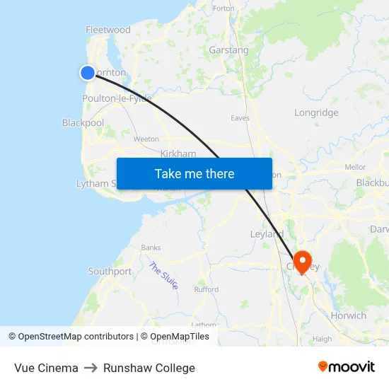 Vue Cinema to Runshaw College map
