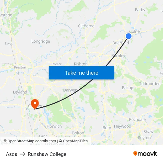 Asda to Runshaw College map