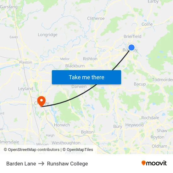 Barden Lane to Runshaw College map