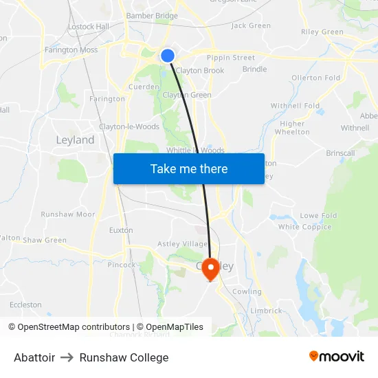 Abattoir to Runshaw College map