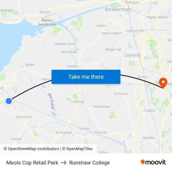 Meols Cop Retail Park to Runshaw College map