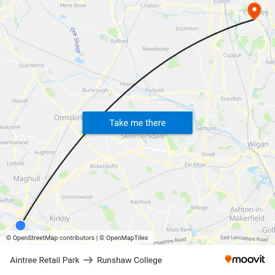 Aintree Retail Park to Runshaw College map