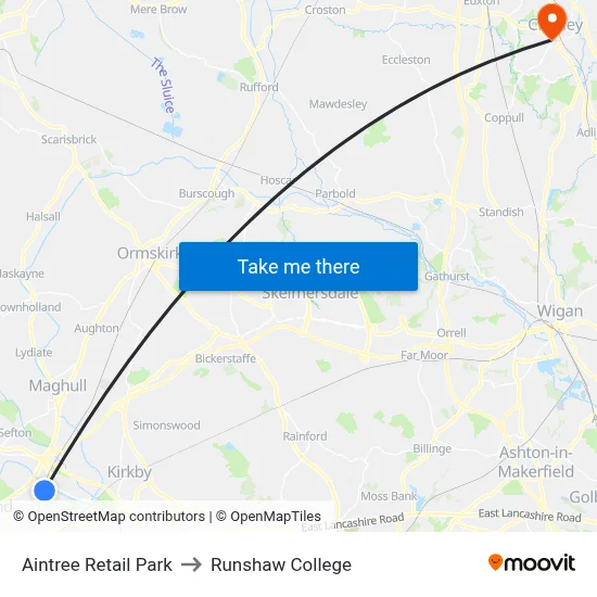 Aintree Retail Park to Runshaw College map