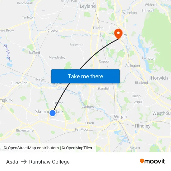 Asda to Runshaw College map