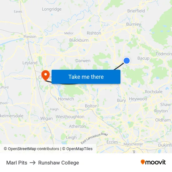 Marl Pits to Runshaw College map