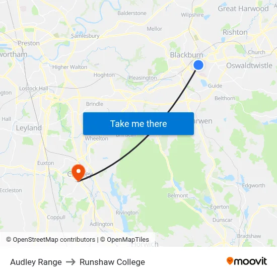 Audley Range to Runshaw College map