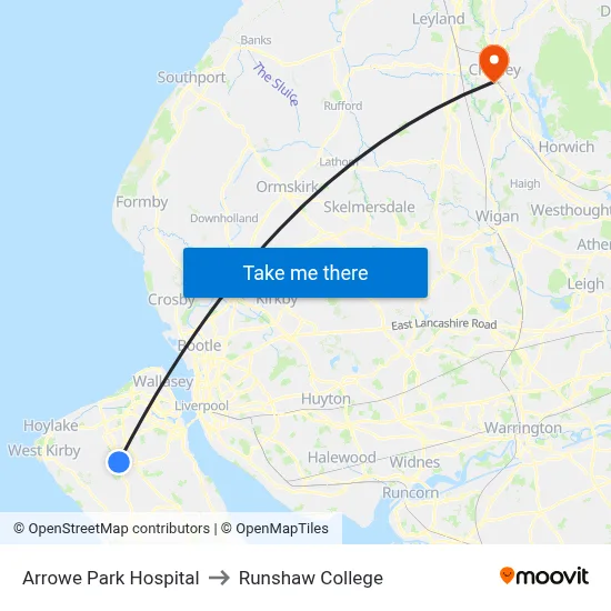 Arrowe Park Hospital to Runshaw College map