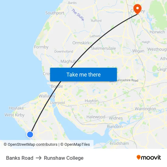 Banks Road to Runshaw College map