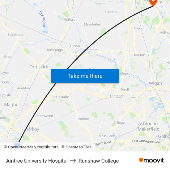 Aintree University Hospital to Runshaw College map