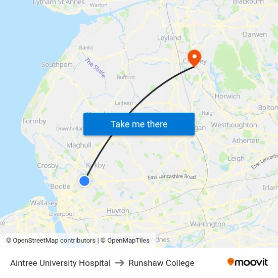 Aintree University Hospital to Runshaw College map