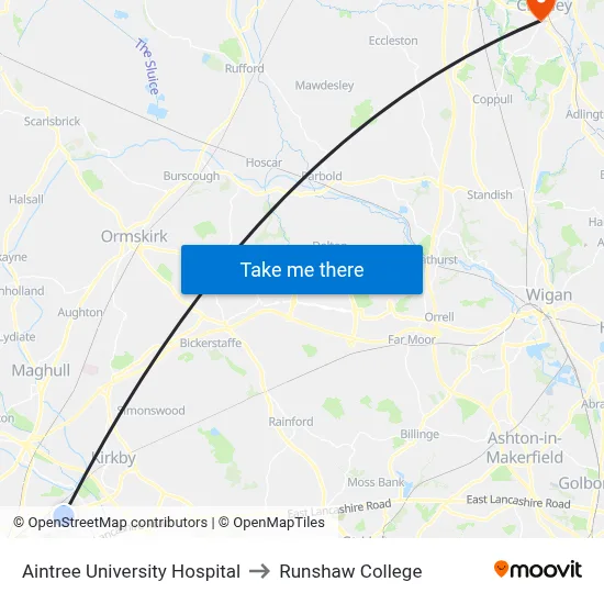 Aintree University Hospital to Runshaw College map