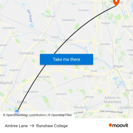 Aintree Lane to Runshaw College map