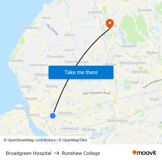 Broadgreen Hospital to Runshaw College map
