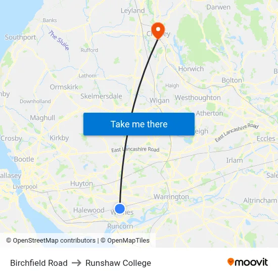 Birchfield Road to Runshaw College map