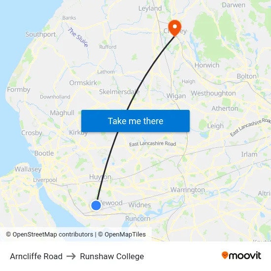 Arncliffe Road to Runshaw College map