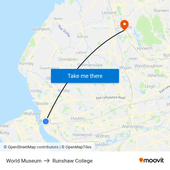 World Museum to Runshaw College map