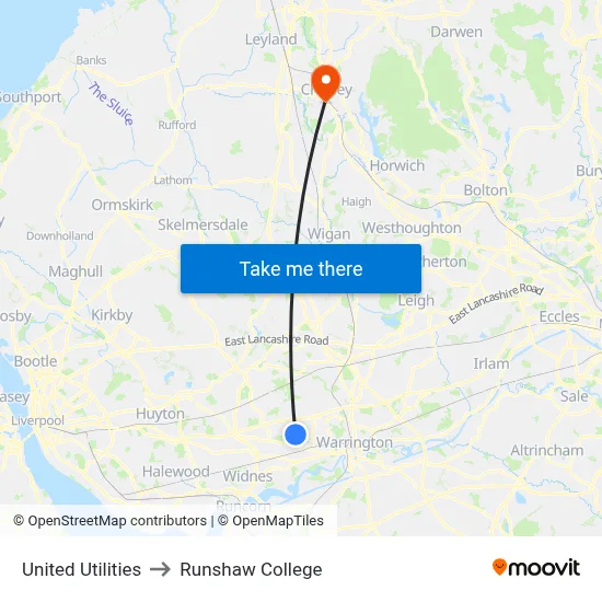 United Utilities to Runshaw College map