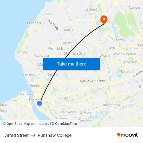 Arrad Street to Runshaw College map