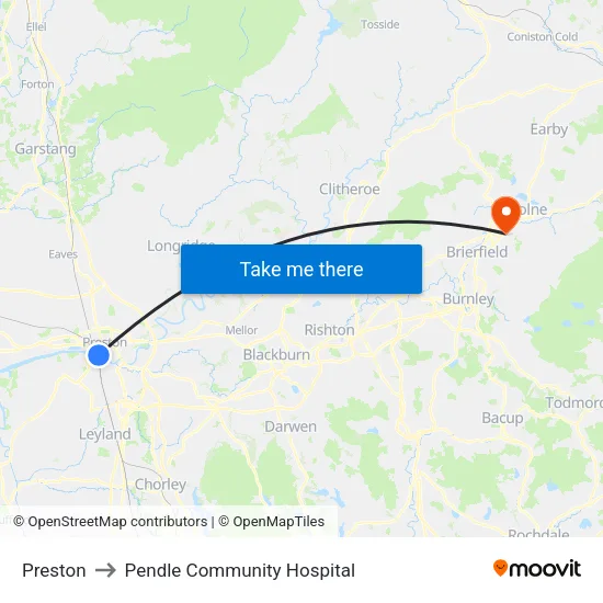 Preston to Pendle Community Hospital map